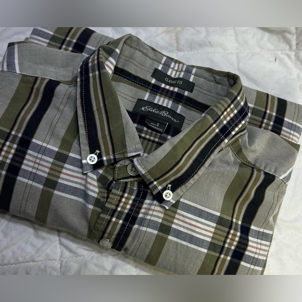 Eddie Bauer Shirt Men's S Classic Fit Green‎ Beige Cotton Plaid  Long Sleeve